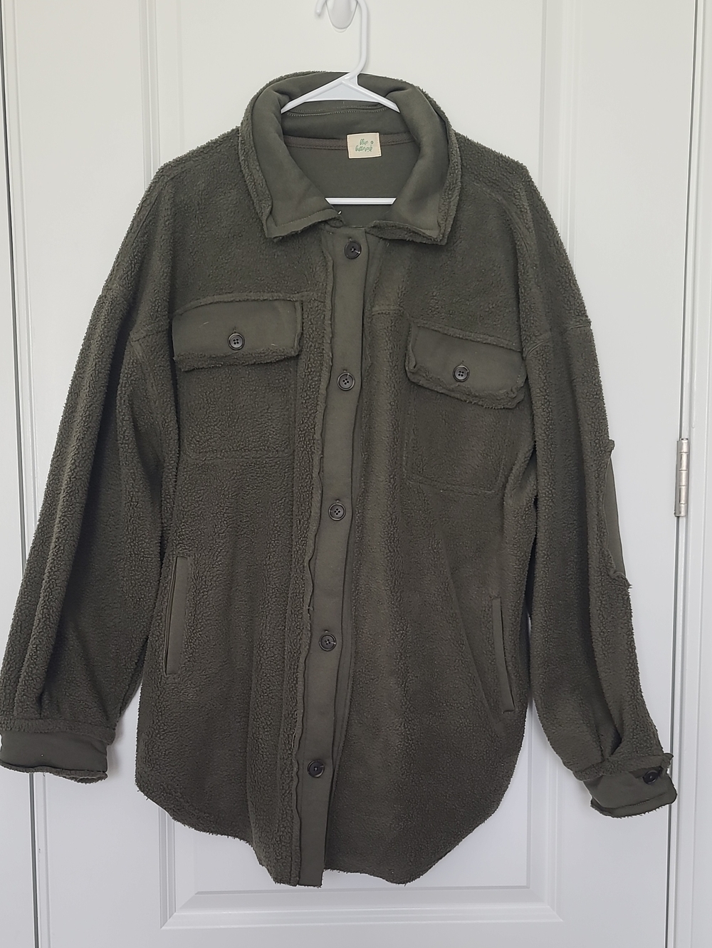 Womens Oversized Olive Green Fleece Shacket - Cozy Button-Front Jacket
